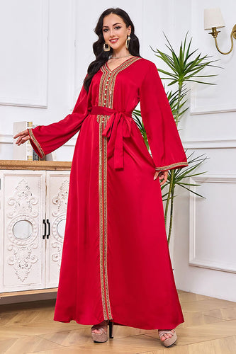 Robe Abaya Caftan Marocain à Manches Longues Brodées Rouge avec Ceinture