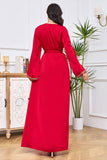 Robe Abaya Caftan Marocain à Manches Longues Brodées Rouge avec Ceinture