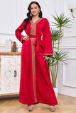 Robe Abaya Caftan Marocain à Manches Longues Brodées Rouge avec Ceinture