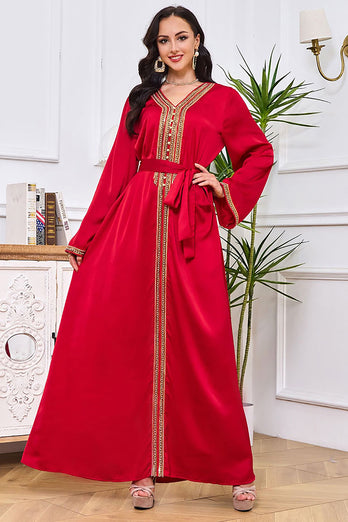 Robe Abaya Caftan Marocain à Manches Longues Brodées Rouge avec Ceinture