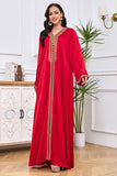 Robe Abaya Caftan Marocain à Manches Longues Brodées Rouge avec Ceinture