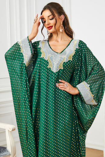 Robe de soirée abaya kaftan à manches chauve-souris à pois blanc vert