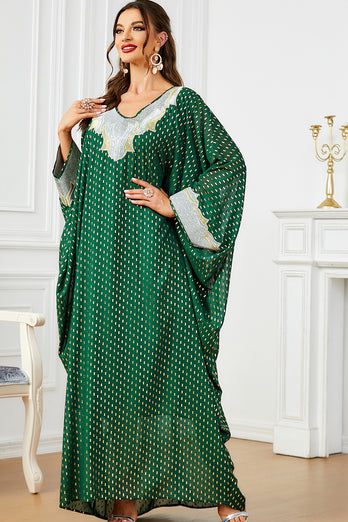 Robe de soirée abaya kaftan à manches chauve-souris à pois blanc vert