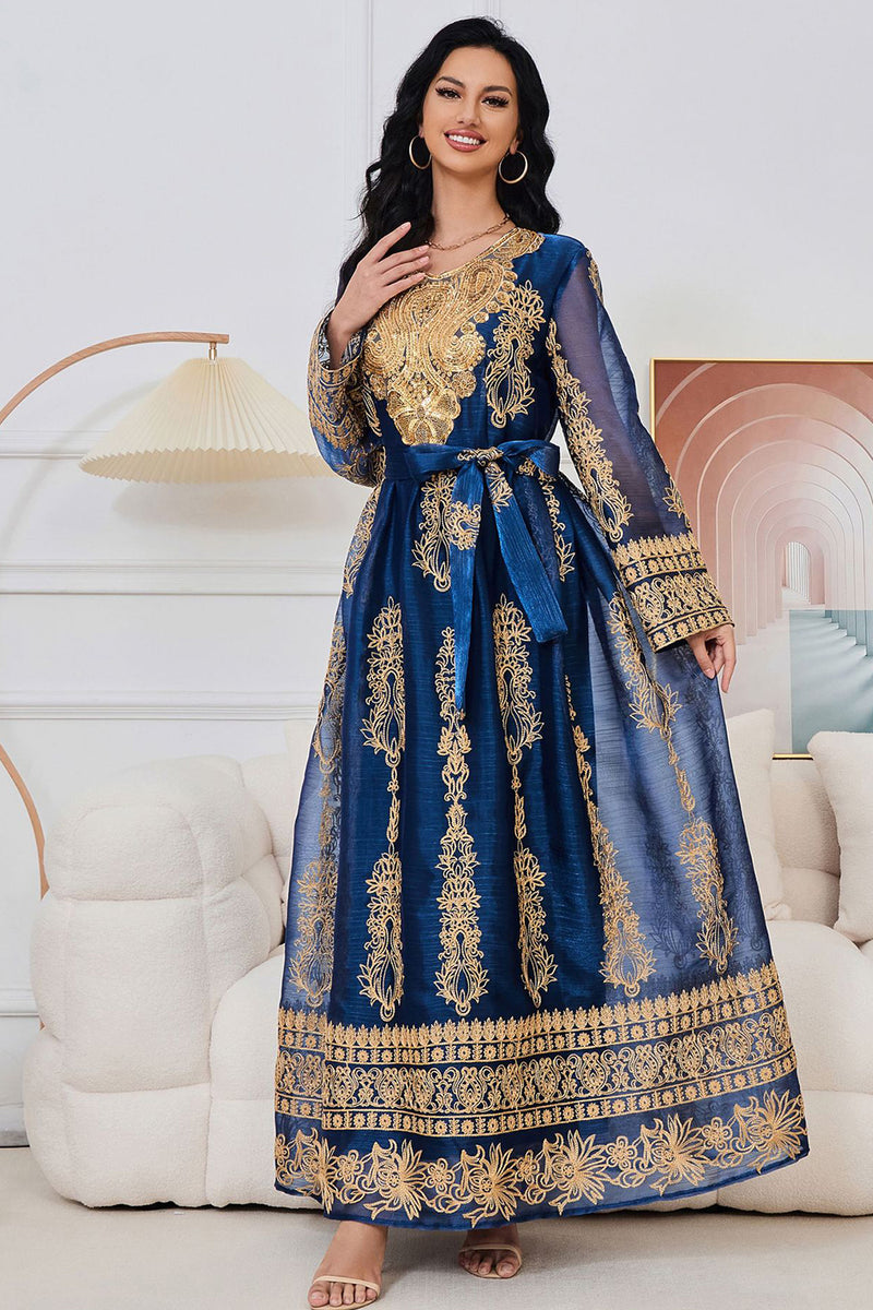 Charger l&#39;image dans la galerie, Élégante Robe Caftan Abaya Brodée Bleu Royal à Manches Longues