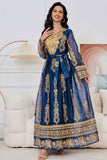 Élégante Robe Caftan Abaya Brodée Bleu Royal à Manches Longues