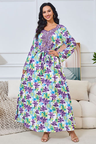 Robe musulmane moderne et élégante à manches longues, col en V, imprimée avec ceinture  Fleur mauve
