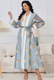 Robe musulmane deux pièces gris bleu à manches longues avec broderie dorée Abaya Kaftan