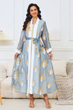 Robe musulmane deux pièces gris bleu à manches longues avec broderie dorée Abaya Kaftan