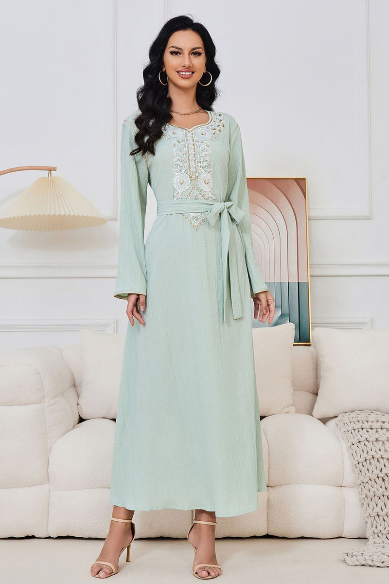 Charger l&#39;image dans la galerie, Robe caftan Abaya en mousseline de soie perlée à manches longues vert clair