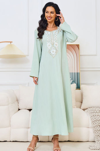 Robe caftan Abaya en mousseline de soie perlée à manches longues vert clair