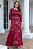 Robe caftan Abaya en mousseline de soie bordeaux à manches longues et perles