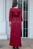 Robe caftan Abaya en mousseline de soie bordeaux à manches longues et perles