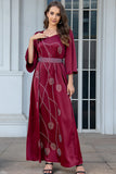 Robe caftan Abaya en mousseline de soie bordeaux à manches longues et perles