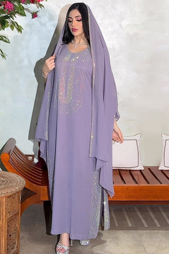 Caftan Abaya perlé à manches longues gris violet avec écharpe