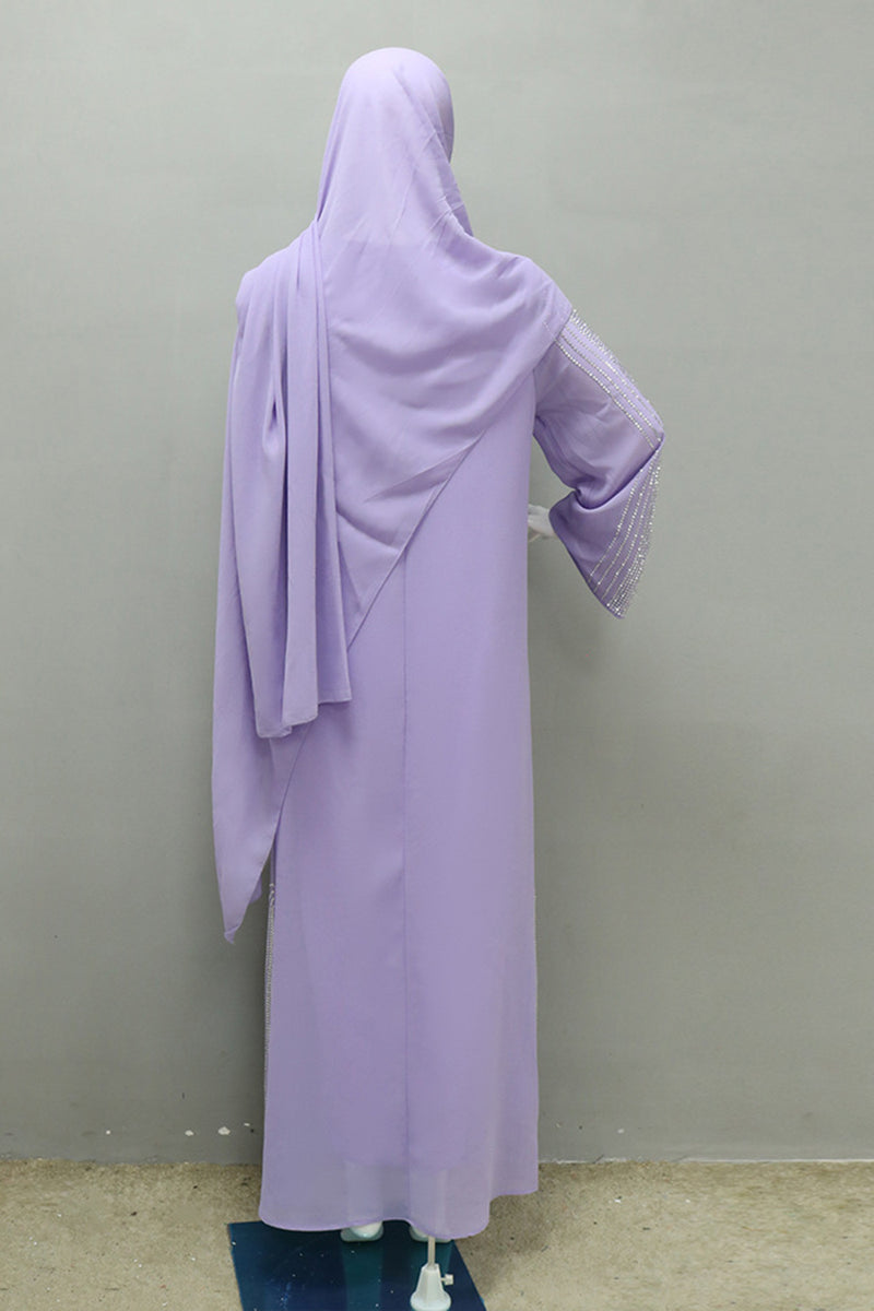 Charger l&#39;image dans la galerie, Caftan Abaya perlé à manches longues gris violet avec écharpe