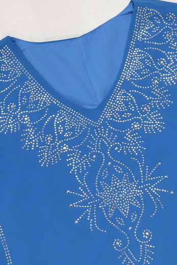 Robe en mousseline de soie Abaya Kaftan d'été perlée bleue