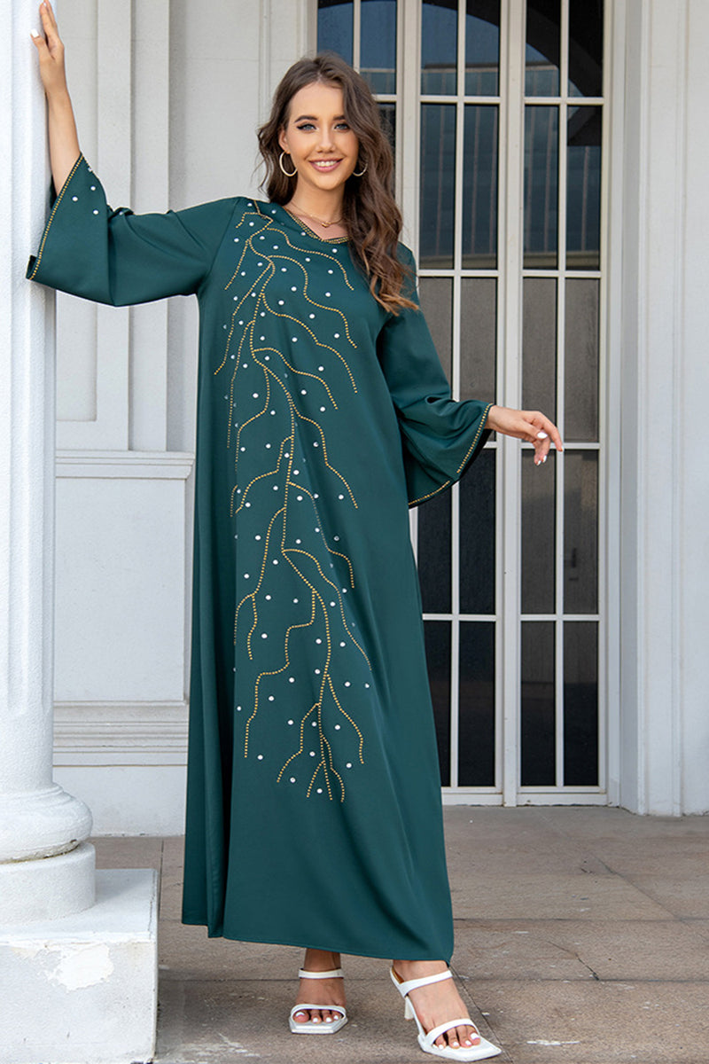 Charger l&#39;image dans la galerie, Robe en mousseline de soie Abaya Kaftan d&#39;été perlée vert foncé