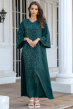 Robe en mousseline de soie Abaya Kaftan d'été perlée vert foncé