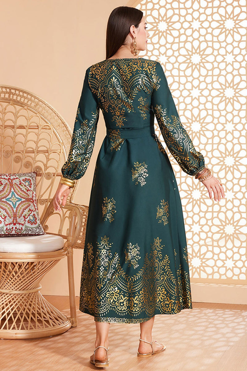 Charger l&#39;image dans la galerie, Robe ceinturée à imprimé floral vert foncé Robe caftan Abaya