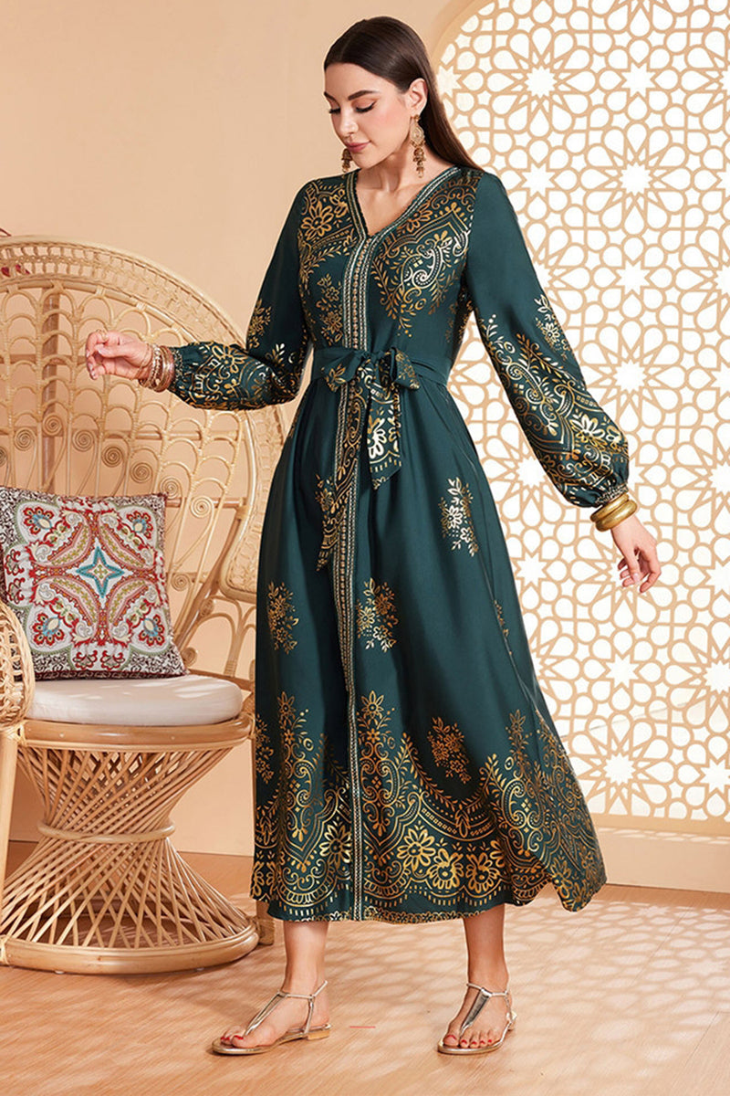Charger l&#39;image dans la galerie, Robe ceinturée à imprimé floral vert foncé Robe caftan Abaya