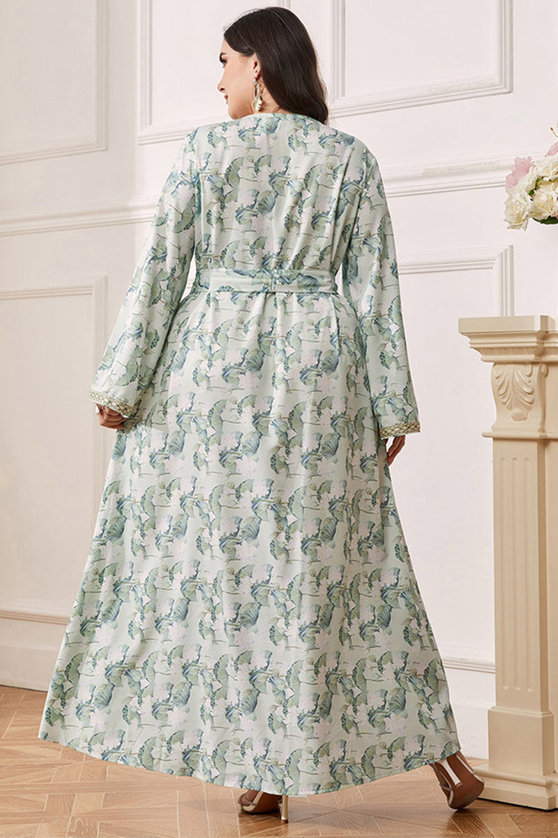 Charger l&#39;image dans la galerie, Robe caftan Abaya grande taille à fleurs vertes avec ceinture