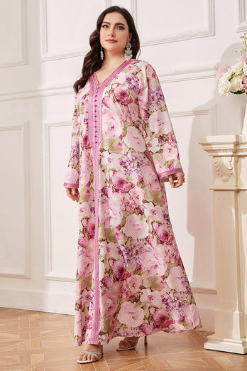 Robe caftan Abaya grande taille à fleurs Rose Pin avec ceinture