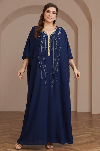 Robe caftan Abaya à manches longues et perles bleu marine