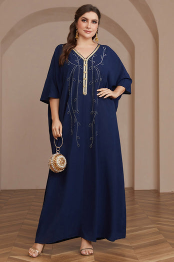 Robe caftan Abaya à manches longues et perles bleu marine
