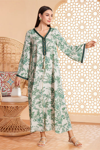 Caftan marocain Abaya en mousseline de soie florale verte