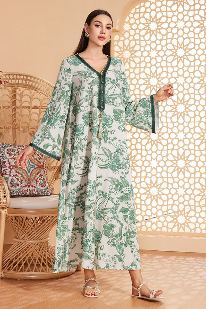 Charger l&#39;image dans la galerie, Caftan marocain Abaya en mousseline de soie florale verte