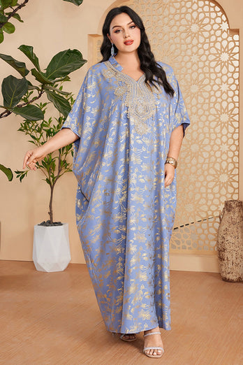 Robe caftan marocaine Abaya grande taille imprimée bleu gris