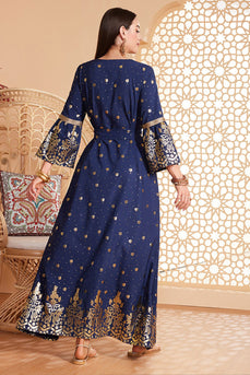 Robe caftan Abaya à manches longues et perles bleu foncé avec ceinture
