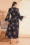 Caftan marocain ceinturé à manches longues et imprimé floral noir