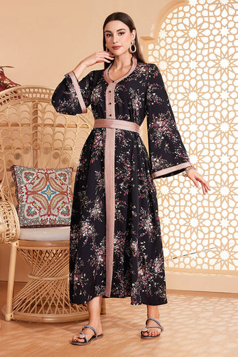 Caftan marocain ceinturé à manches longues et imprimé floral noir
