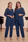 Tailleur pantalon 3 pièces bleu marine à manches longues pour mère de la mariée élégant