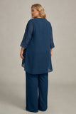 Tailleur pantalon 3 pièces bleu marine à manches longues pour mère de la mariée élégant