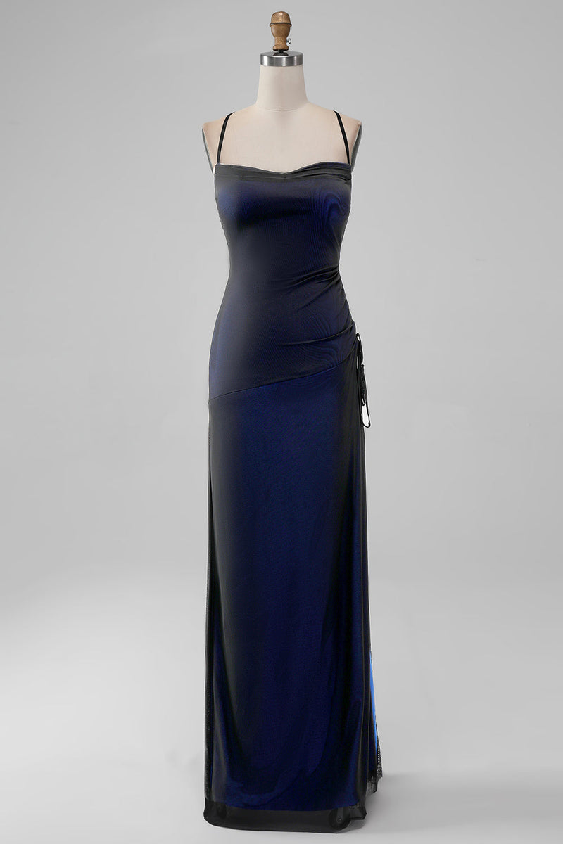 Charger l&#39;image dans la galerie, Retour Robe longue de demoiselle d’honneur à bretelles spaghetti sirène bleue avec fente