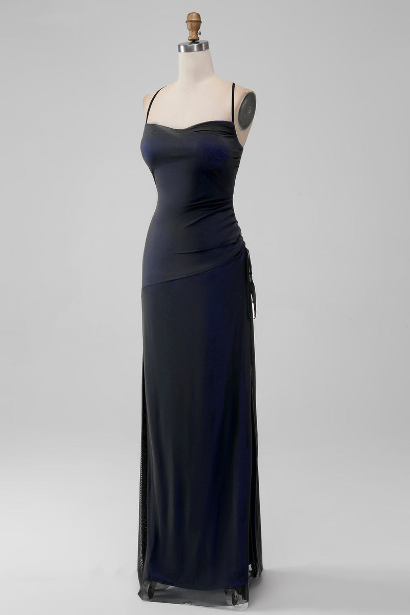 Charger l&#39;image dans la galerie, Retour Robe longue de demoiselle d’honneur à bretelles spaghetti sirène bleue avec fente