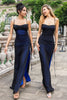 Charger l&#39;image dans la galerie, Retour Sirène bleue bretelles spaghetti robe de fête de mariage longue avec fente