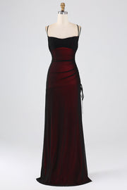 Robe de demoiselle d'honneur longue noir et rouge fourreau bretelles fines