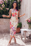 Robe midi à fleurs froncées imprimées en tulle avec col bodycon et illusion