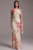 Robe noire à fleurs fronceuses à sirène à col asymétrique