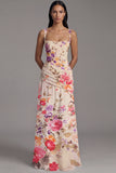 Robe fleurie ivoire froncée à col carré A Line