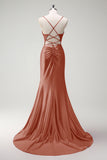 Sirène fuchsia scintillante bretelles spaghetti perlé Corset satin longue Robe de soirée avec fente