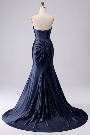 Robe de bal longue longue corset de sirène sirène bleu marine scintillante avec fente