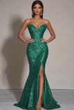 Robe formelle sirène sans bretelles à paillettes dorées scintillantes avec fente