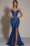 Robe formelle sirène sans bretelles à paillettes dorées scintillantes avec fente