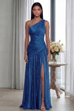 Robe d'invitée de mariage longue dorée à une épaule plissée avec fente