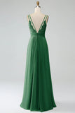 Robe de demoiselle d'honneur longue en mousseline de soie plissée ligne A couleur sauge poussiéreuse