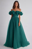 Robe formelle trapèze épaule dénudée à volants couleur sage poussiéreux